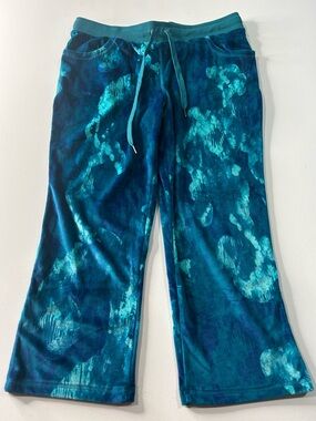 LuLaRoe Large Teal & Aqua Tie-Dye Velour Capri Pants